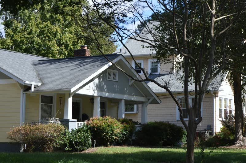 Bungalows behind street trees in the Ardmore Historic District of Winston-Salem, North Carolina.