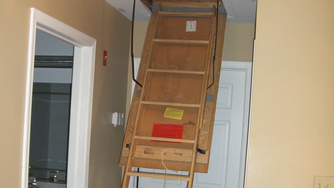 A folding pull-down attic stair lowered from a hallway ceiling, showing the thin wooden panel that closes the attic opening.