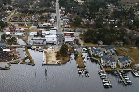 Aerial view of Belhaven's downtown streets, marinas and waterfront