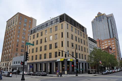 Office buildings and a street corner in downtown Raleigh, North Carolina