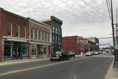 Historic brick commercial buildings along Main Street in Elizabeth City