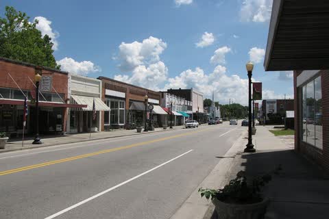 Wide Main Street in Fair Bluff with a row of storefronts and street lamps