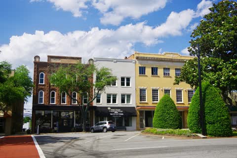 Historic two- and three-story storefronts along Main Street in Forest City
