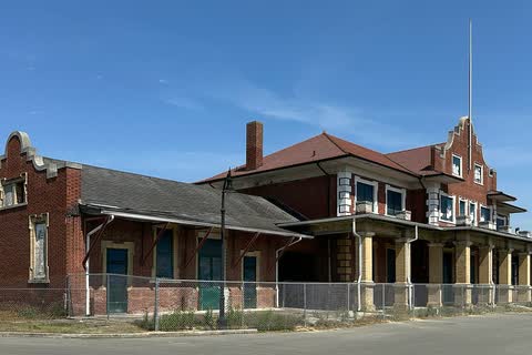 The long brick Union Station building with its stepped gables in Goldsboro