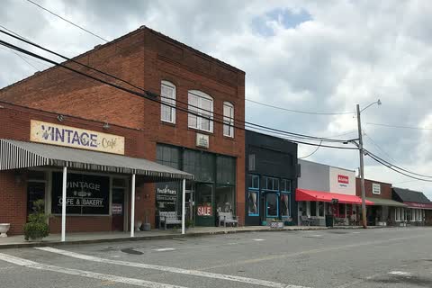 Brick storefronts along Central Street in downtown Hudson