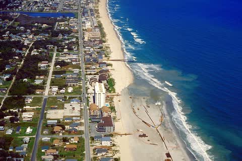 Aerial view of Kure Beach's oceanfront streets and beach along the Atlantic
