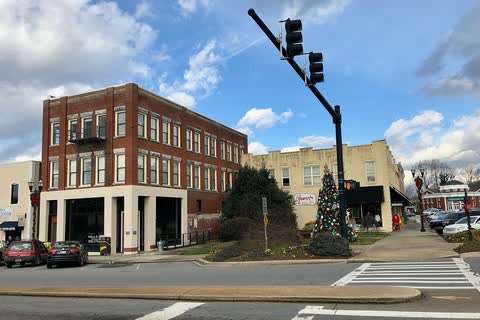 Historic brick and stucco buildings around the Town Square in Murphy