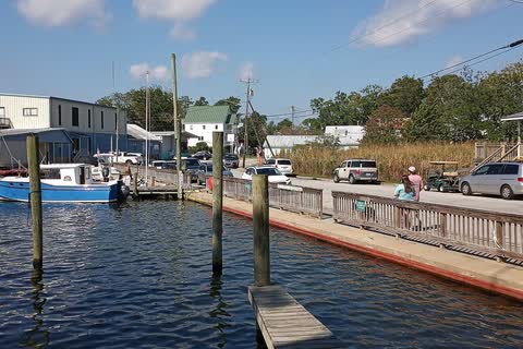 Boats tied up at the town dock along the waterfront in Oriental