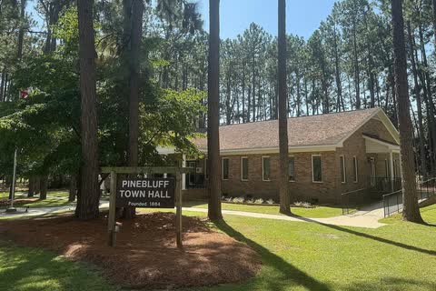 Low brick town hall among tall pine trees with a wooden Pinebluff sign