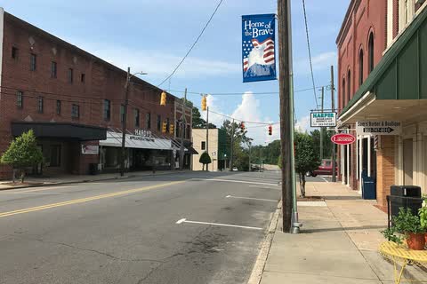 Brick commercial buildings along a downtown street in Snow Hill