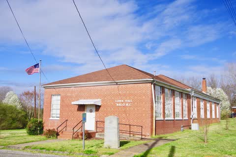 Brick Waco town hall building with a flagpole and spring trees