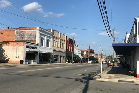 Brick storefronts along a downtown street in Wallace