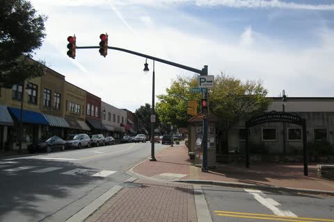 Brick sidewalks and storefronts along Main Street in downtown Waynesville