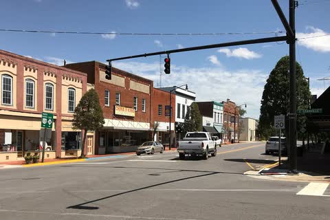 Brick storefronts at a downtown intersection in Windsor