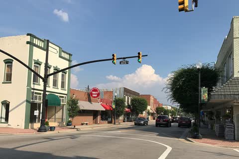 Storefronts at a downtown intersection in Zebulon